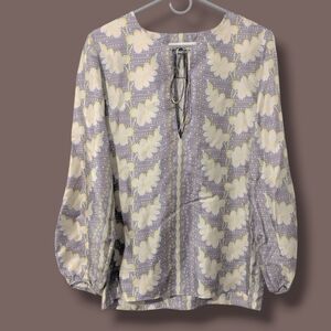 Elliette Purple Green Floral Heart Printed 100% Silk Blouson Sleeve Blouse